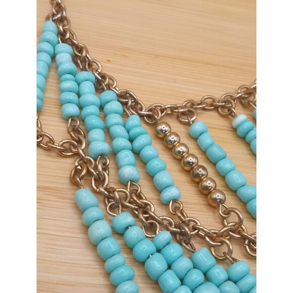 Festoon Bib Style Aqua Glass Colored Beads, Feather Charm Necklace - Picture 3 of 4